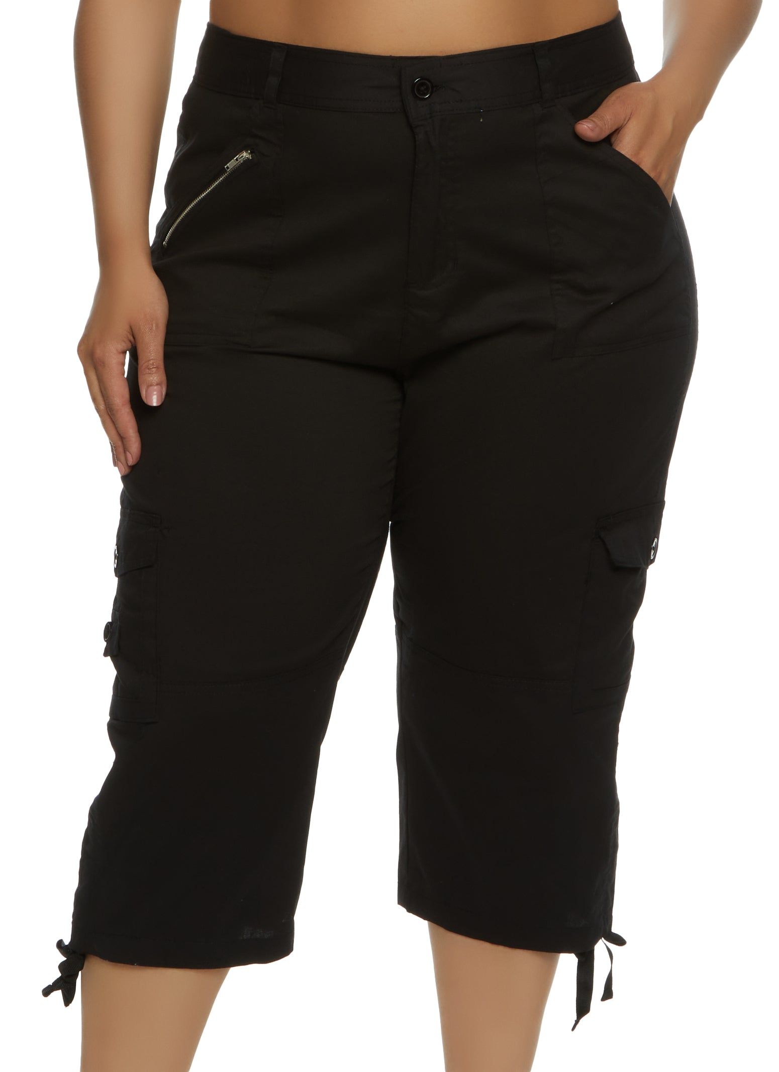 Plus Size Zip Pocket Detail Tie Cuff Capri Pants sold by Rainbow