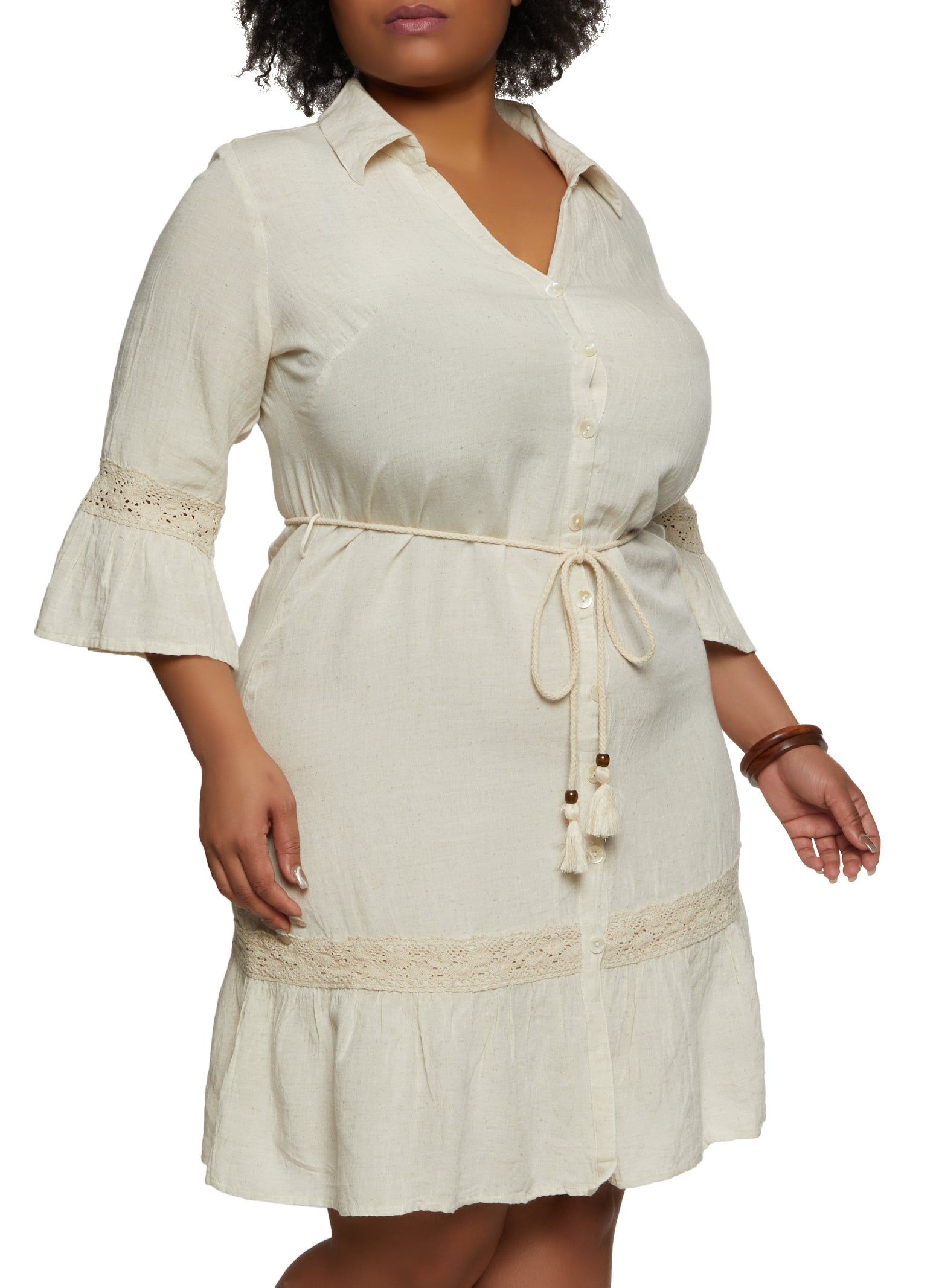 Plus Size Rope Belt Button Front Shirt Dress sold by Rainbow