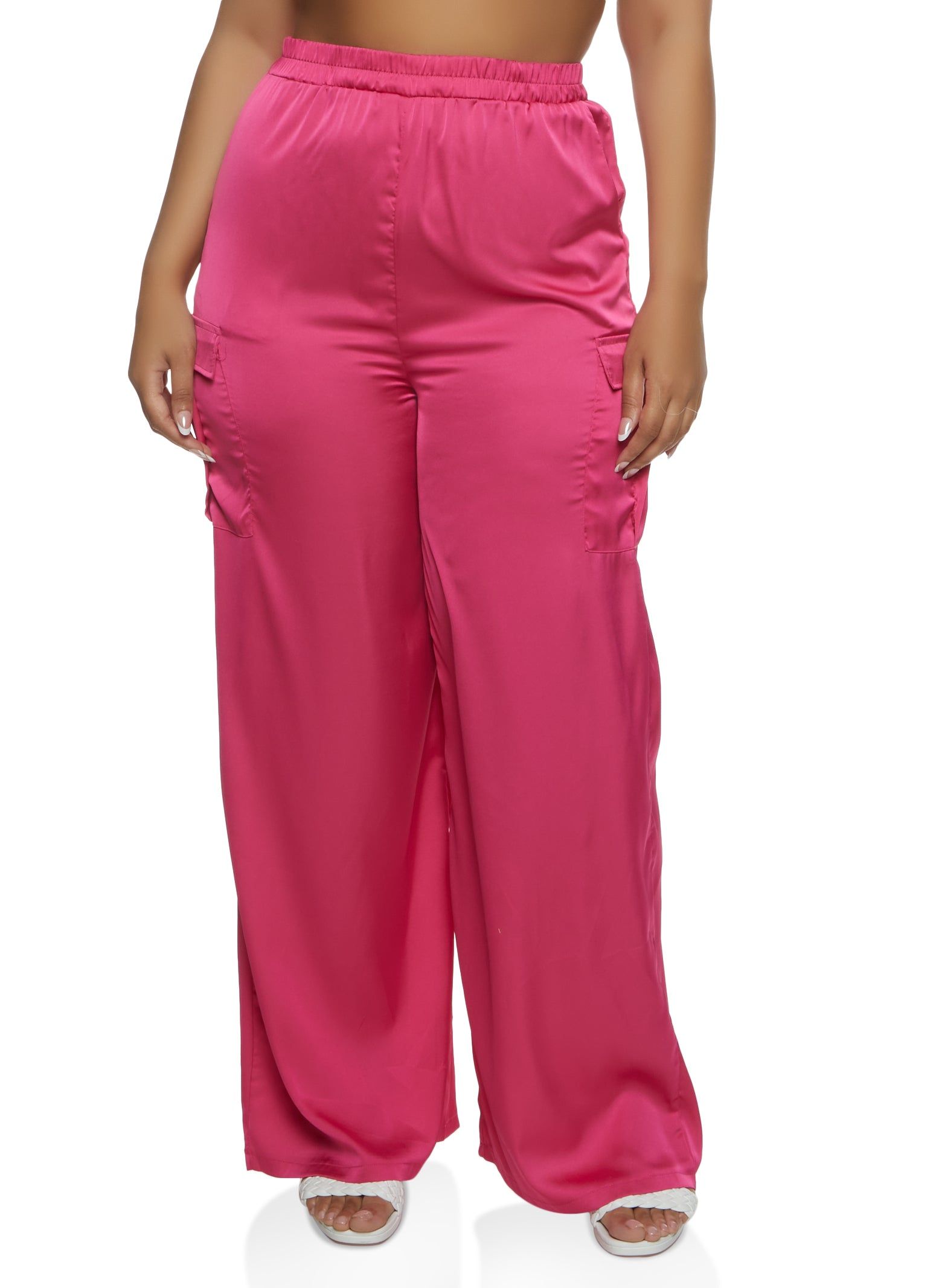 Plus Size Satin Cargo Pocket Palazzo Pants sold by Rainbow
