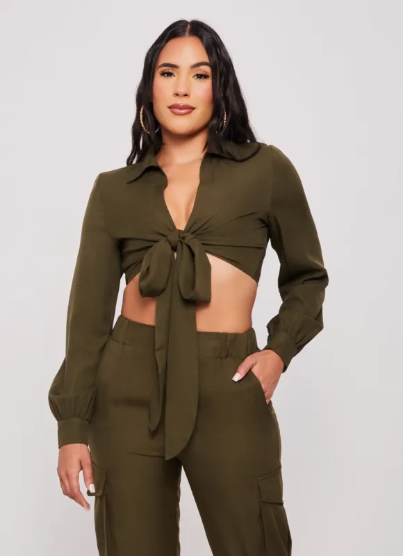 Crepe Knit Long Sleeve Tie Front Crop Top sold by Rainbow