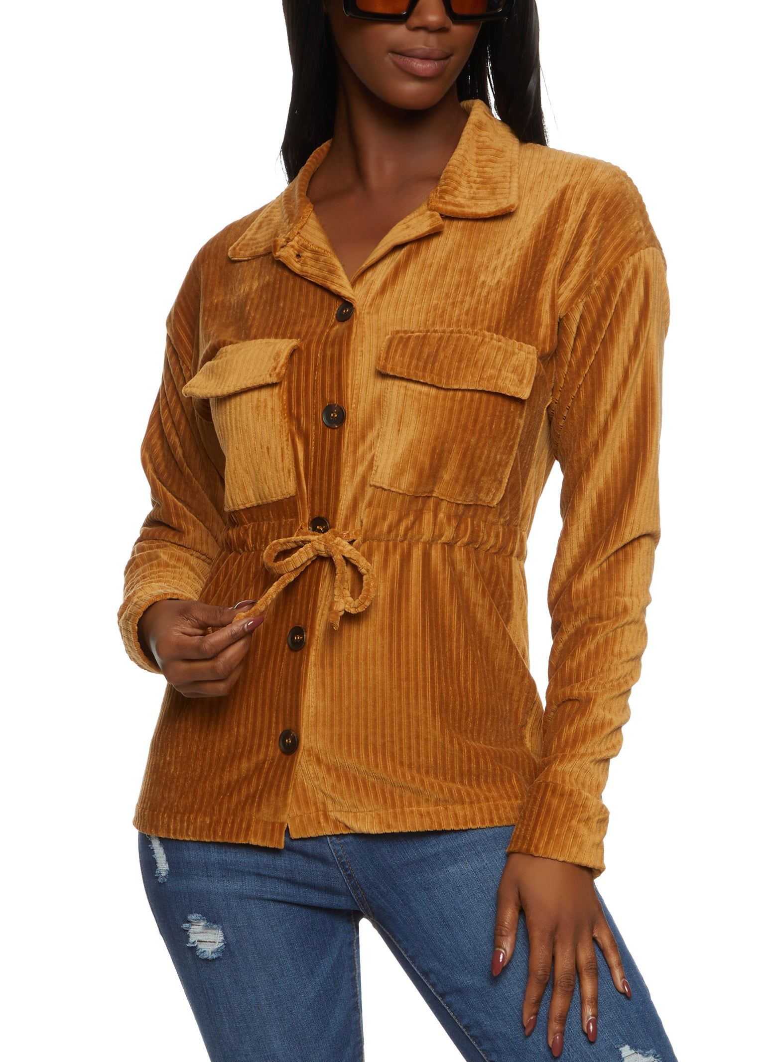 Ribbed Knit Velour Button Front Tie Waist Shirt sold by Rainbow