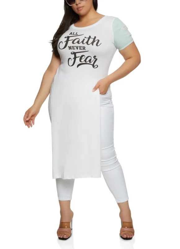 Plus Size All Faith Never Fear Denim Sleeve Graphic Tee sold by Rainbow