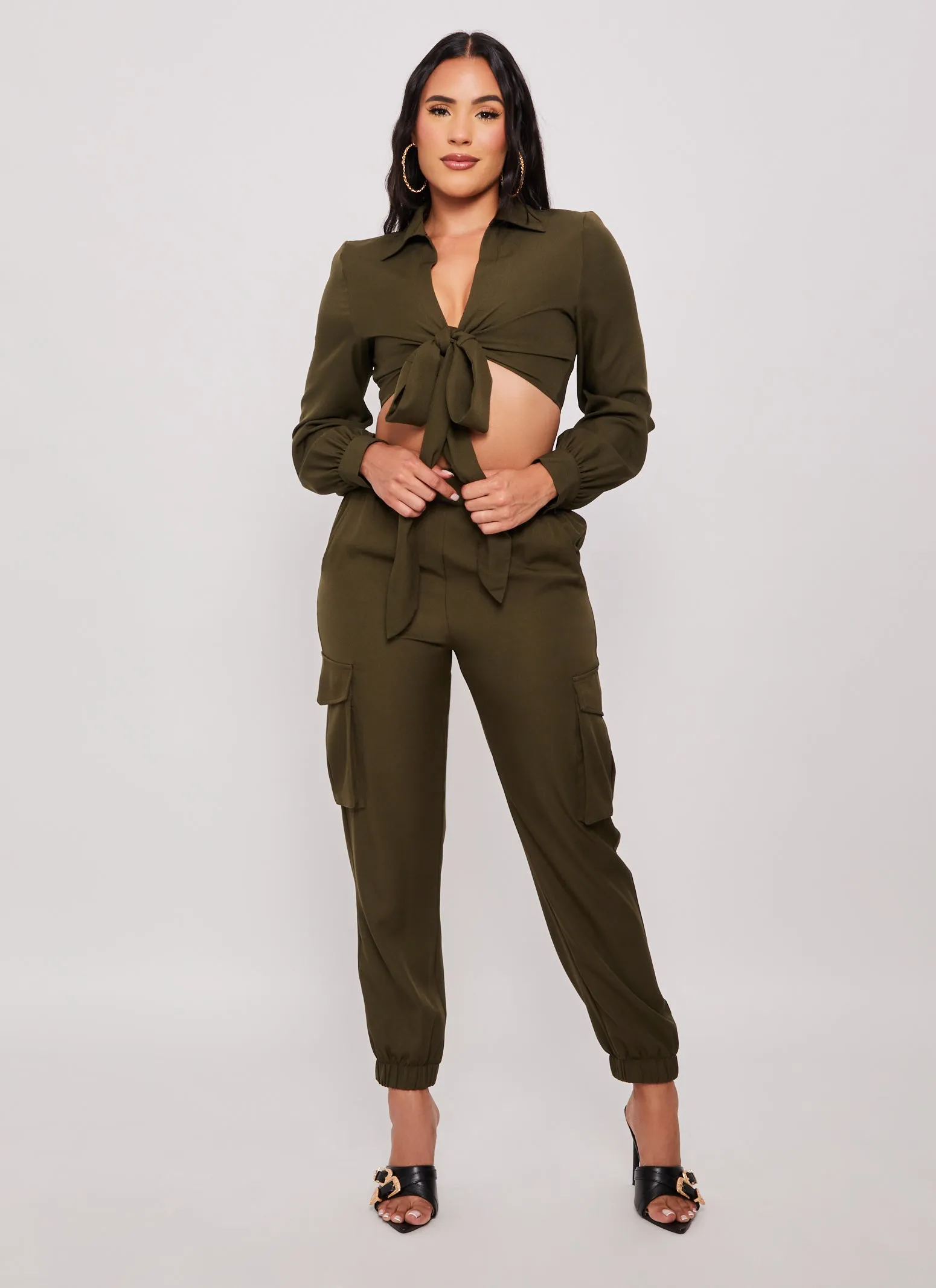 Crepe Knit Long Sleeve Tie Front Crop Top sold by Rainbow product image thumbnail 2