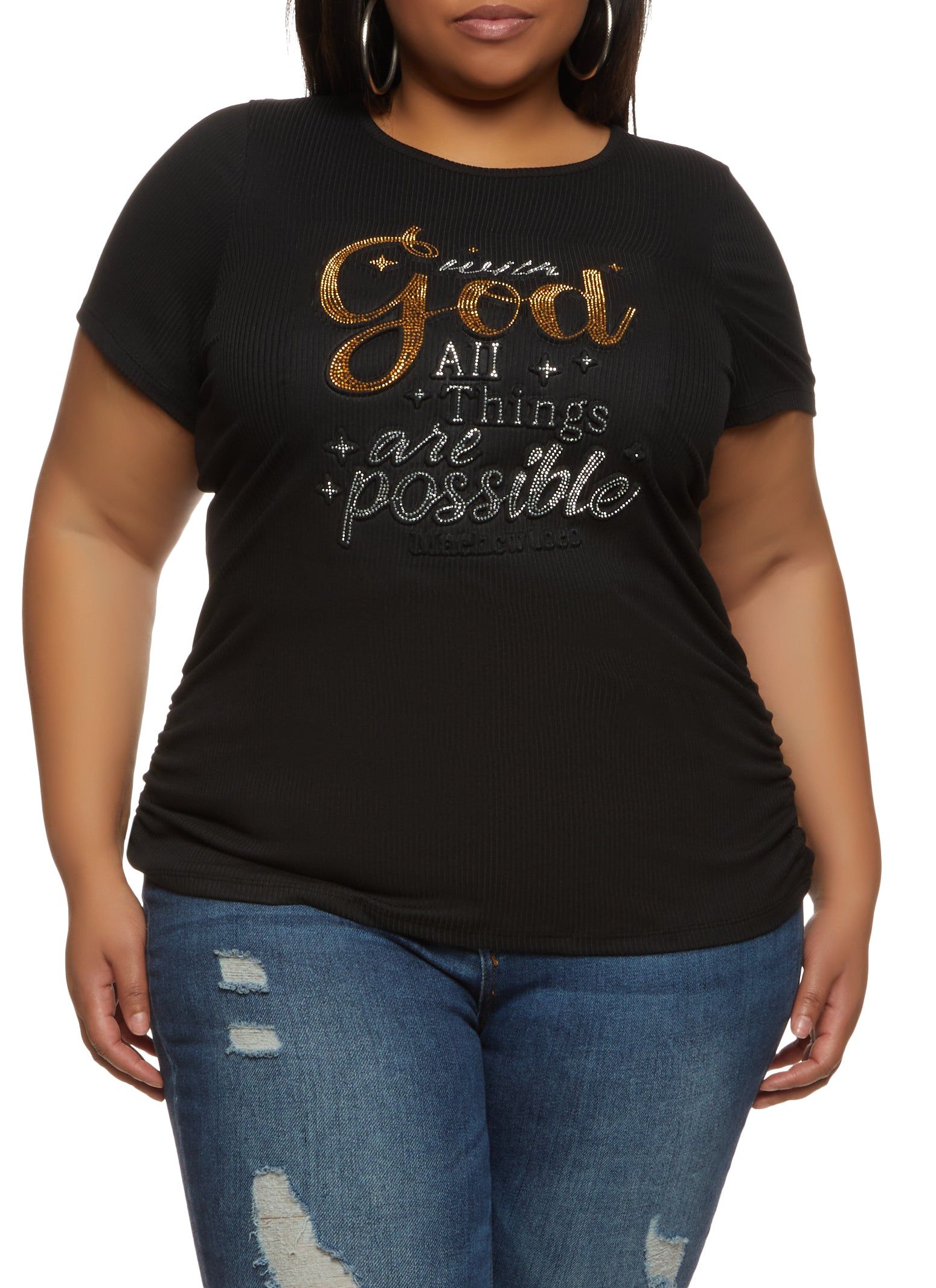 Plus Size With God All Things Embossed Rhinestone Graphic Tee sold by Rainbow