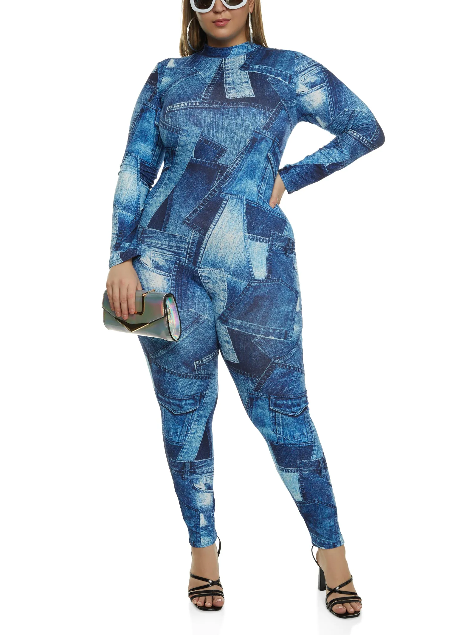 Plus Size Patchwork Print Mock Neck Jumpsuit sold by Rainbow