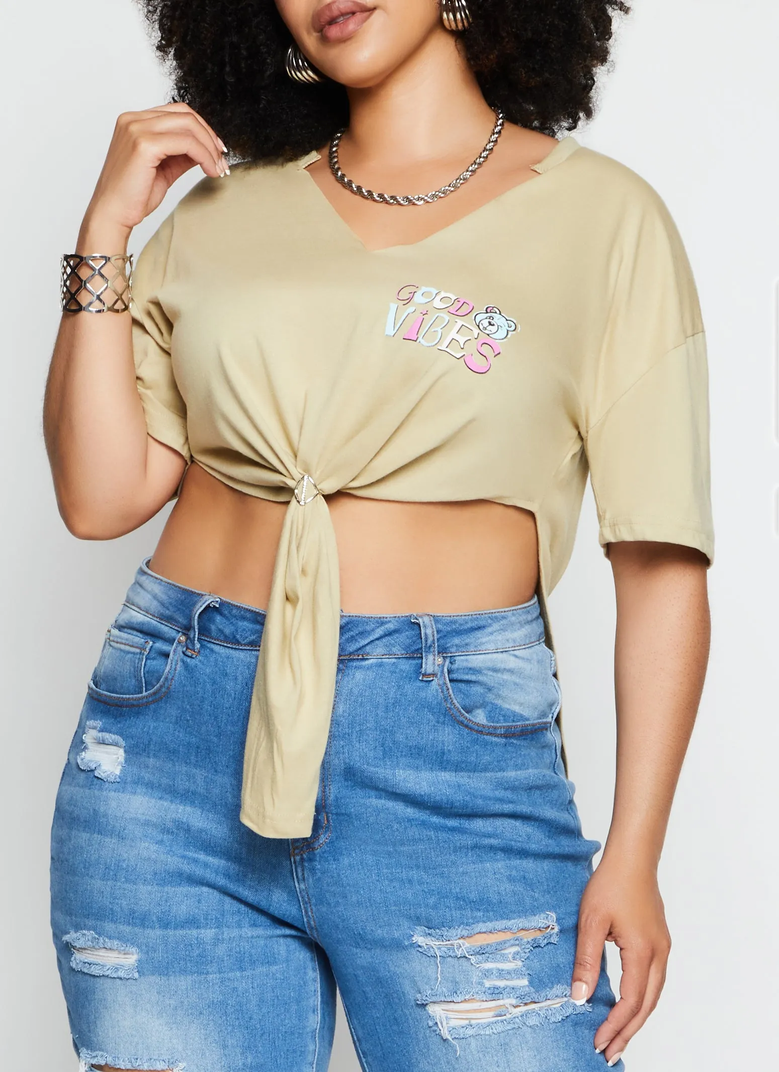 Plus Size Good Vibes Bear Graphic Top sold by Rainbow