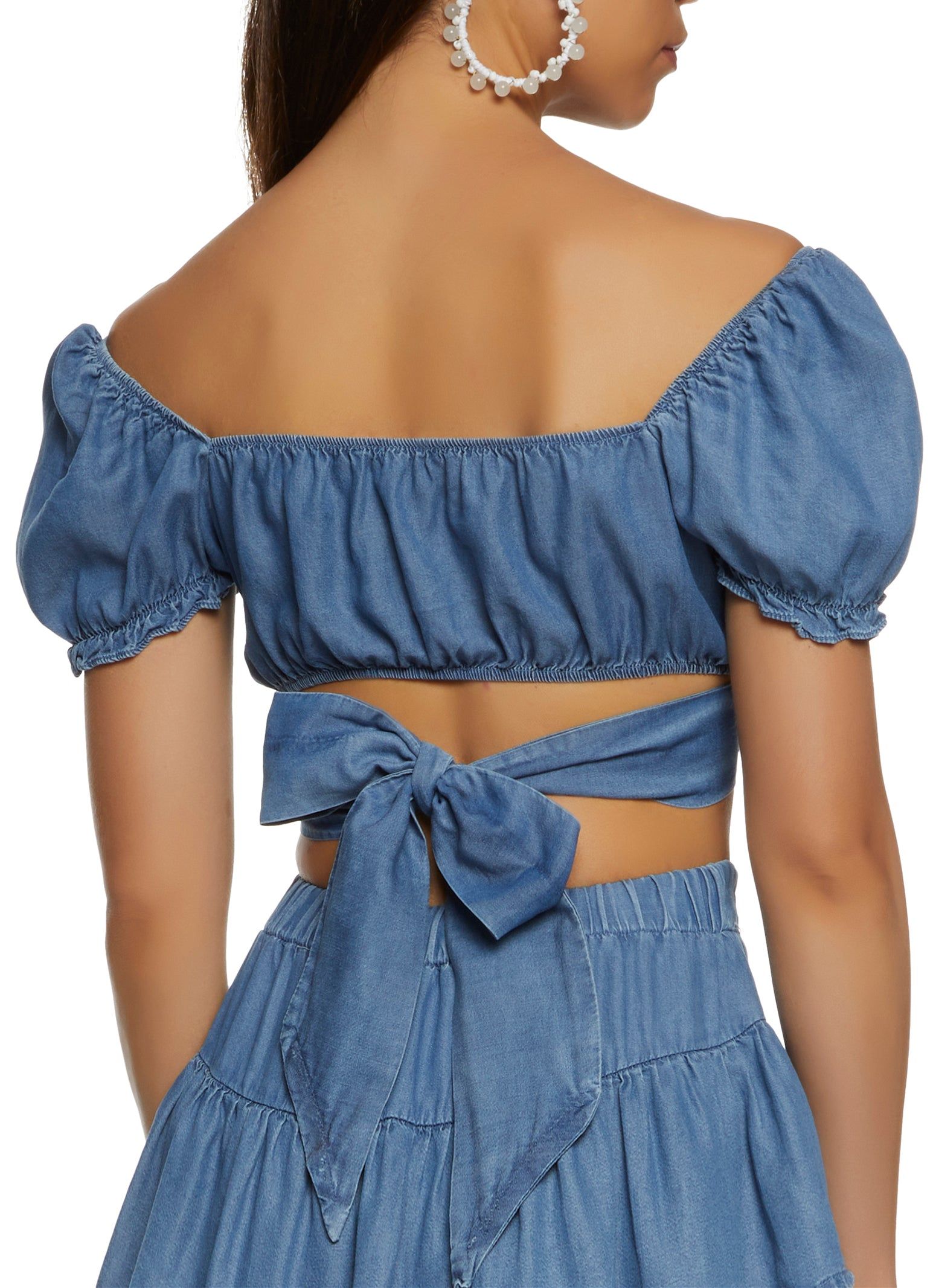 Chambray Puff Sleeve Tie Back Crop Top sold by Rainbow product image thumbnail 3
