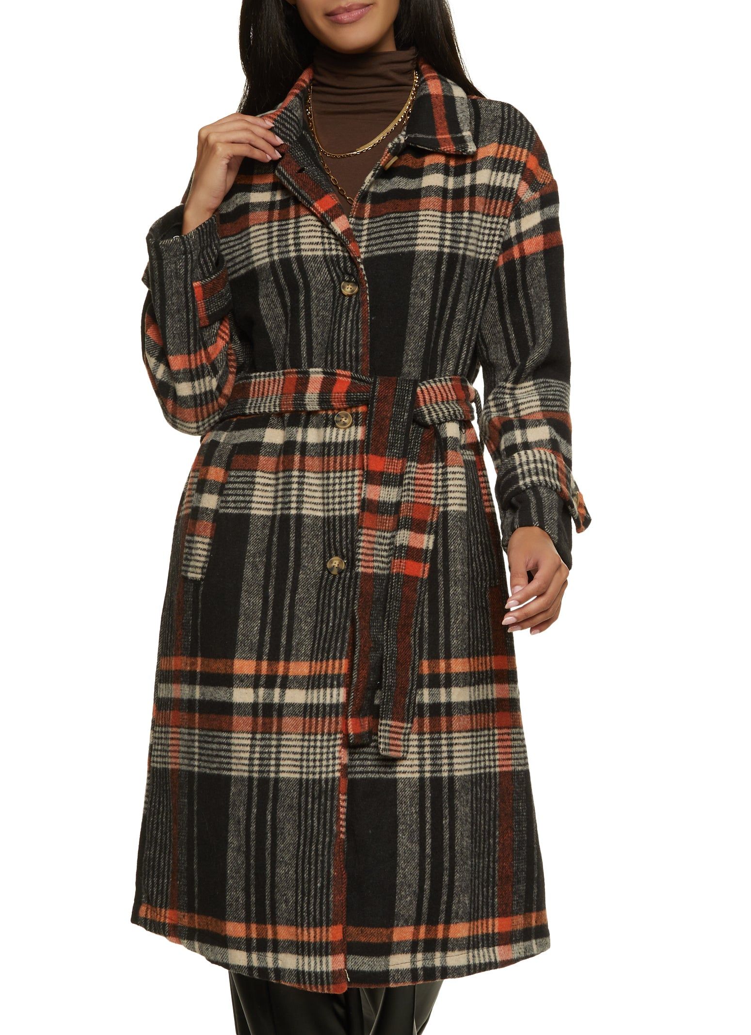 Brushed Knit Plaid Belted Longline Shacket sold by Rainbow