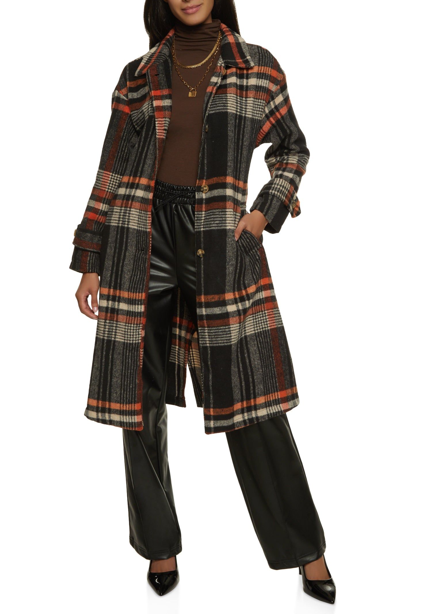 Brushed Knit Plaid Belted Longline Shacket sold by Rainbow product image thumbnail 2