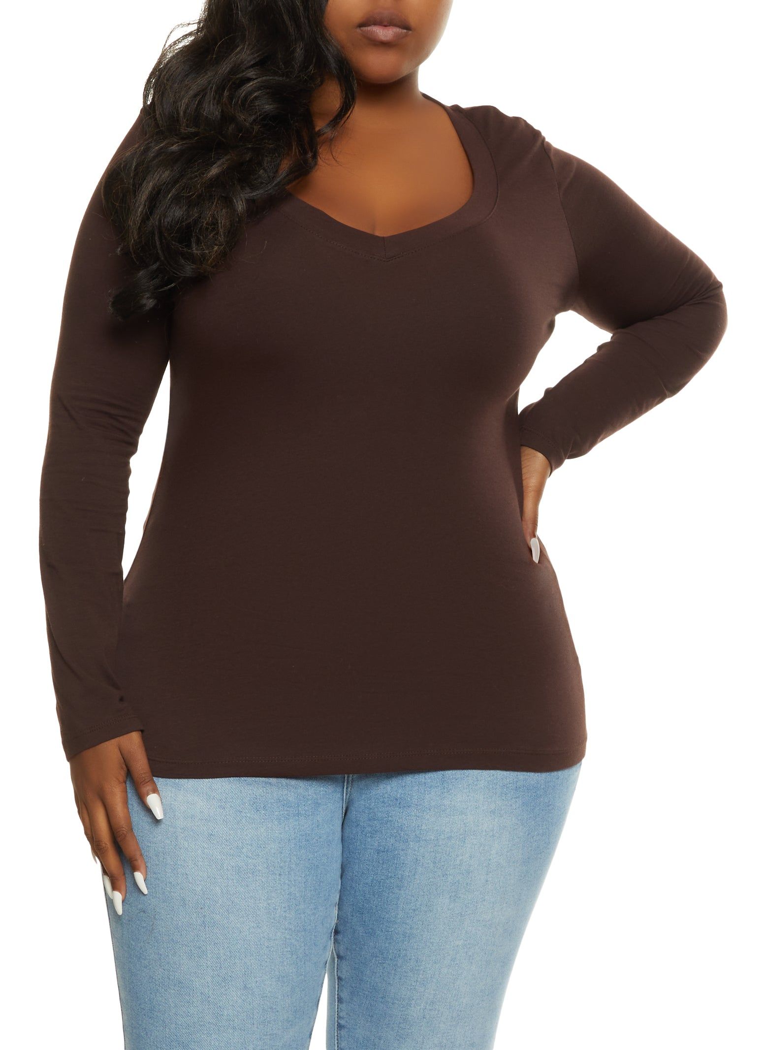 Plus Size Basic V Neck Long Sleeve Tee sold by Rainbow
