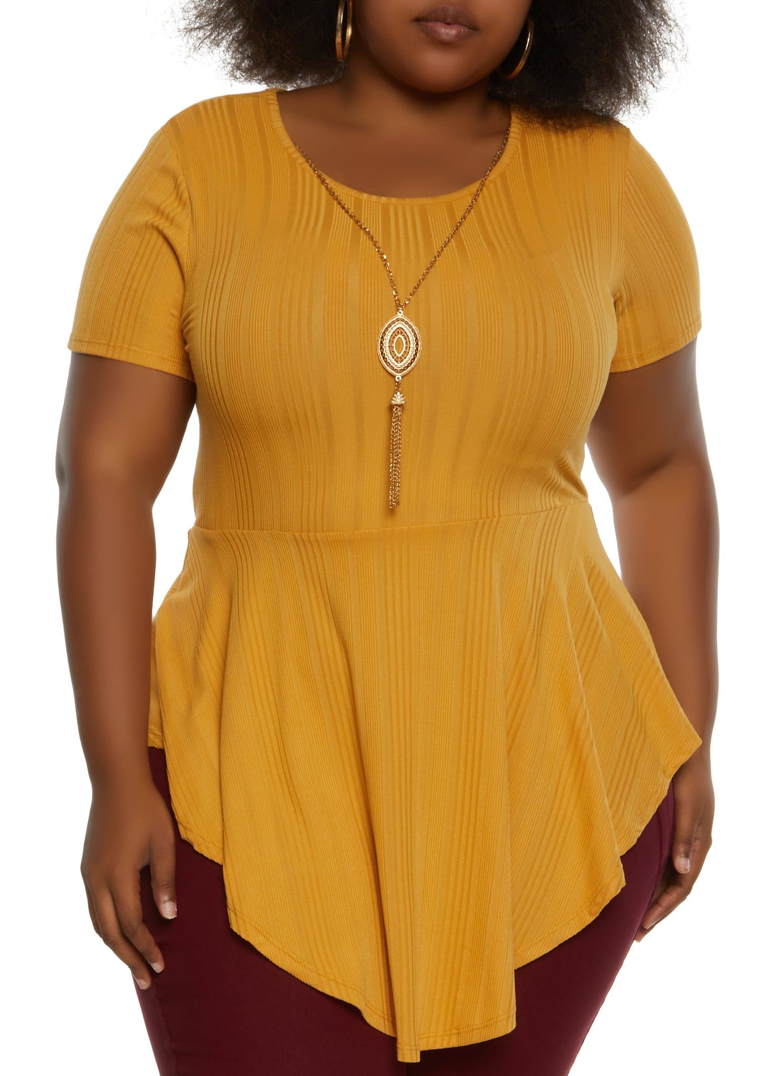 Plus Size Ribbed Hanky Hem Top with Necklace sold by Rainbow