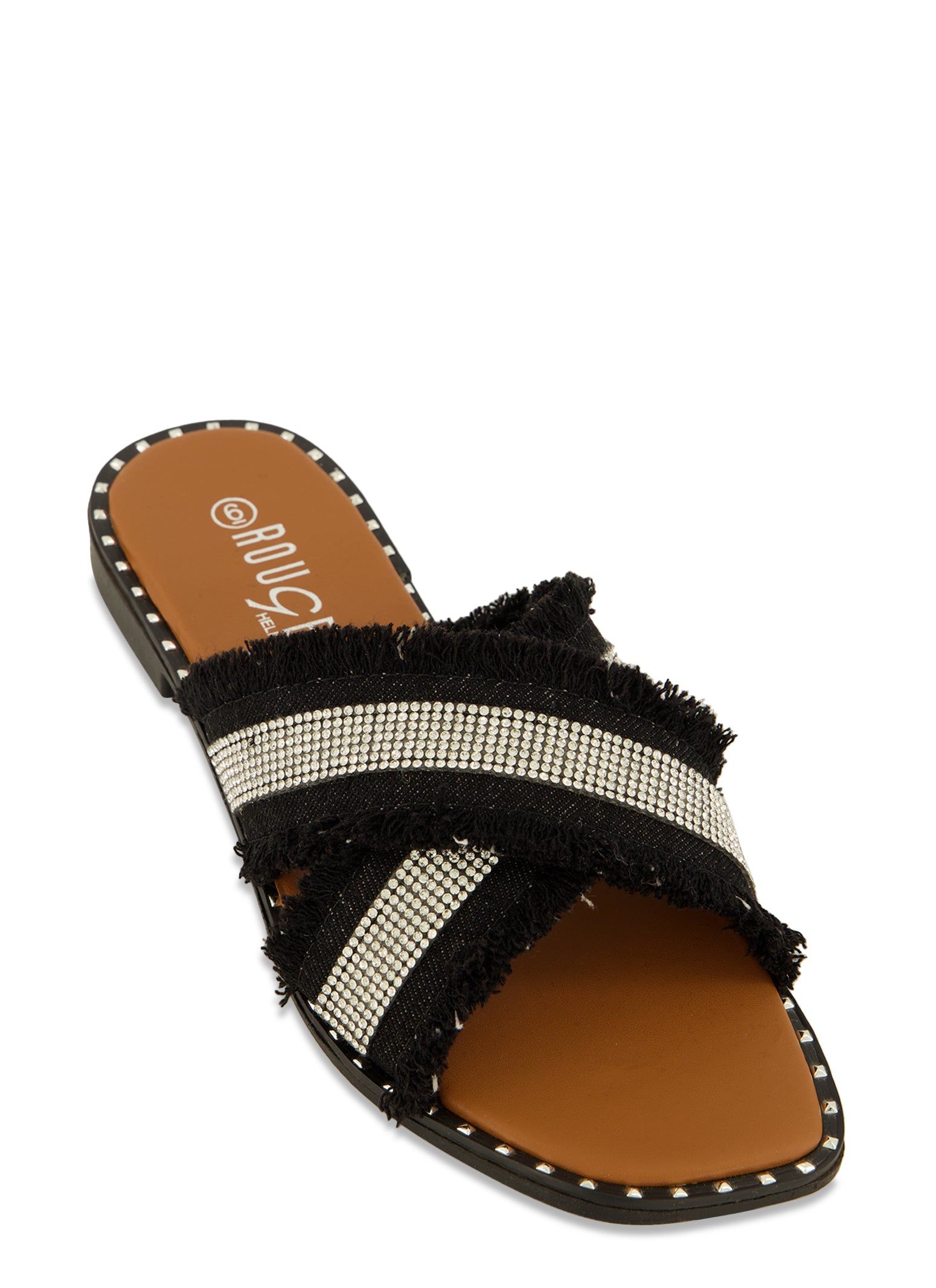 Rhinestone Frayed Criss Cross Slide Sandals sold by Rainbow