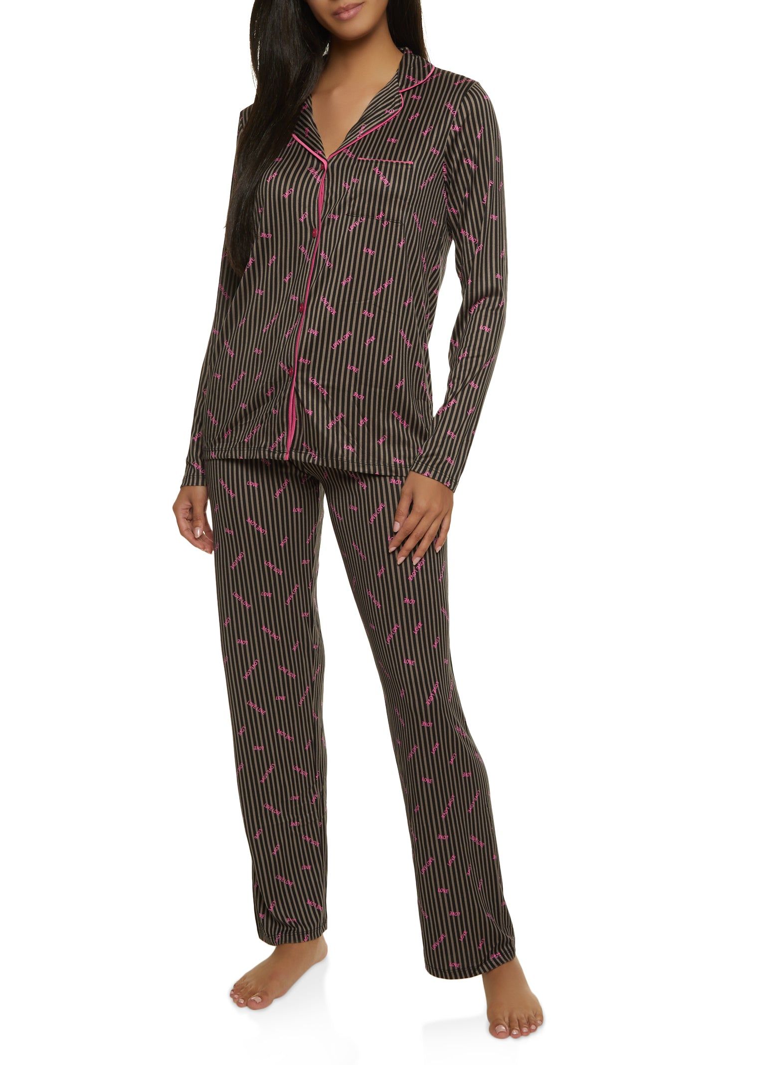 Striped Love Print Notch Collar Pajama Top and Pants sold by Rainbow