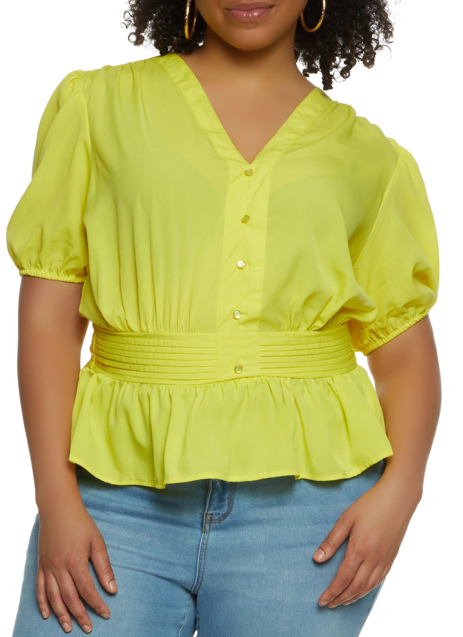 Plus Size Faux Button Tie Back Peplum Top sold by Rainbow