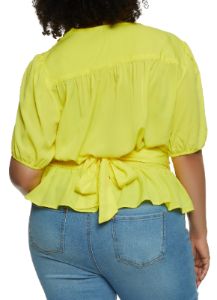 Plus Size Faux Button Tie Back Peplum Top sold by Rainbow