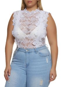 Plus Size Floral Lace Mock Neck Bodysuit sold by Rainbow