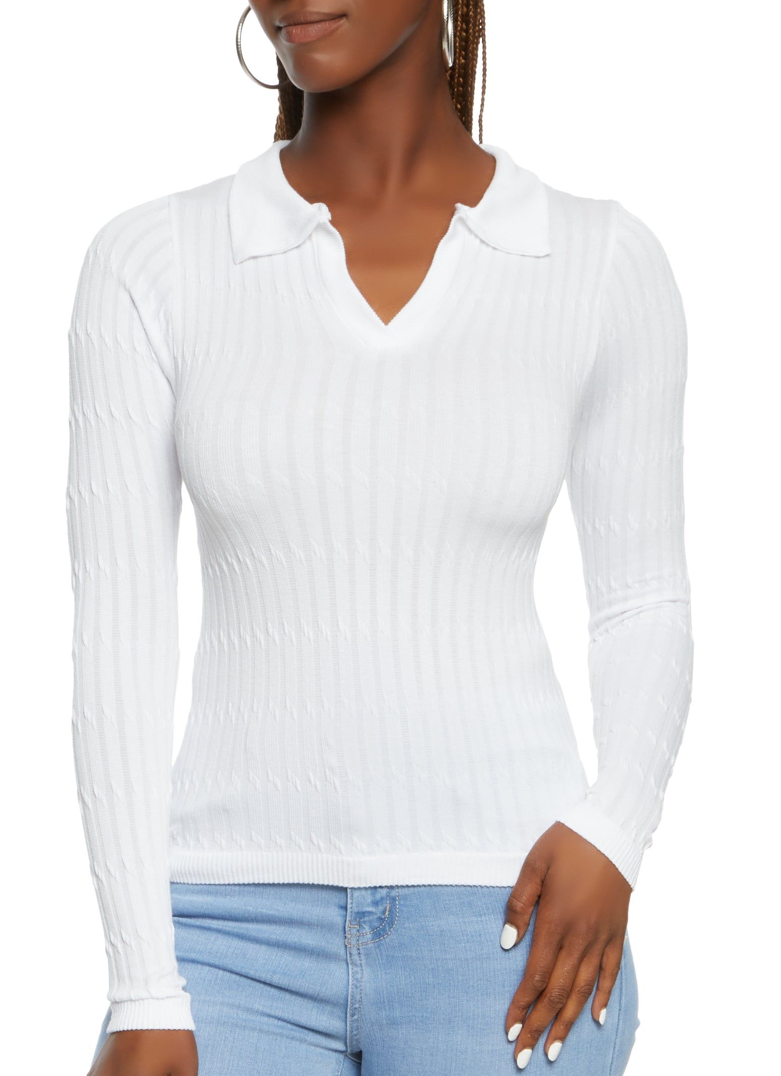 Seamless Cable Knit Long Sleeve Collared Top sold by Rainbow