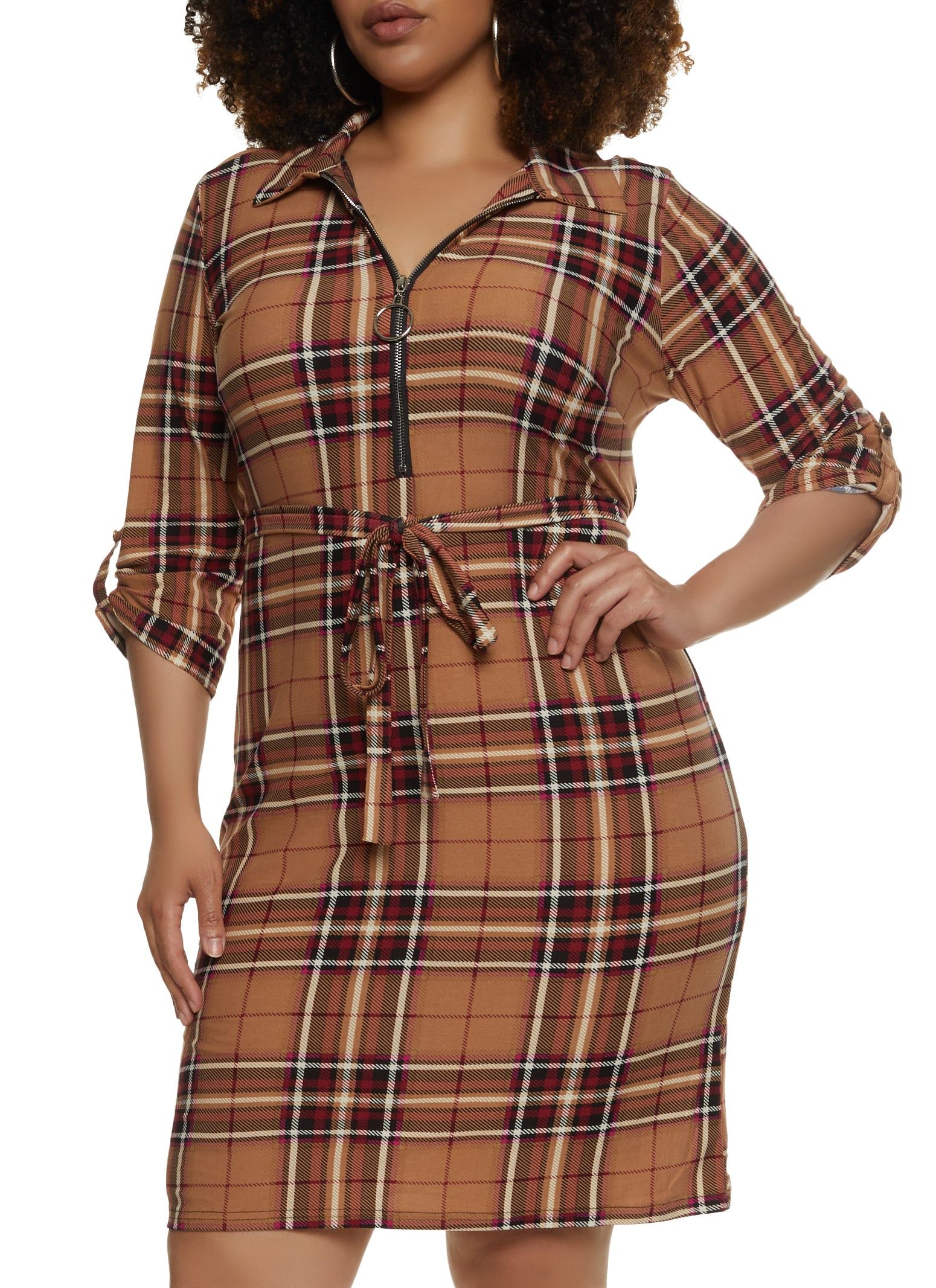 Plus Size Plaid Half Zip Shirt Dress sold by Rainbow