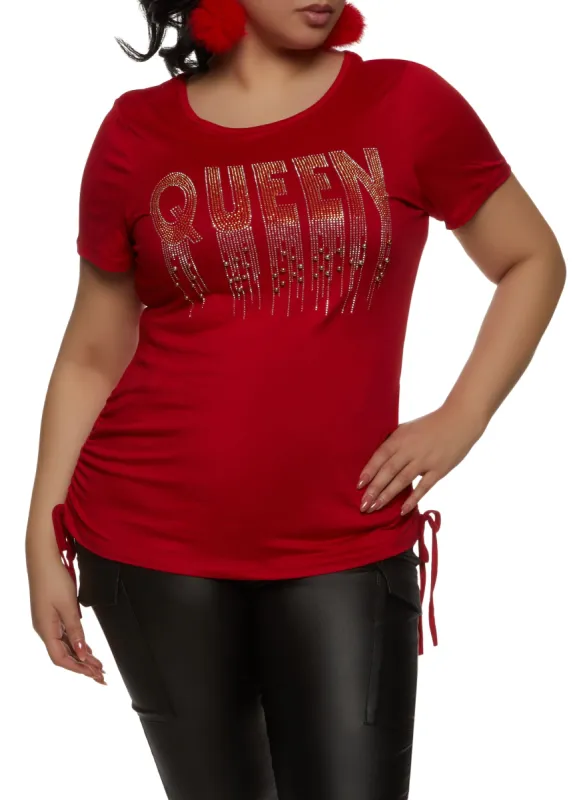 Plus Size Ruched Side Queen Embellished Graphic Top sold by Rainbow