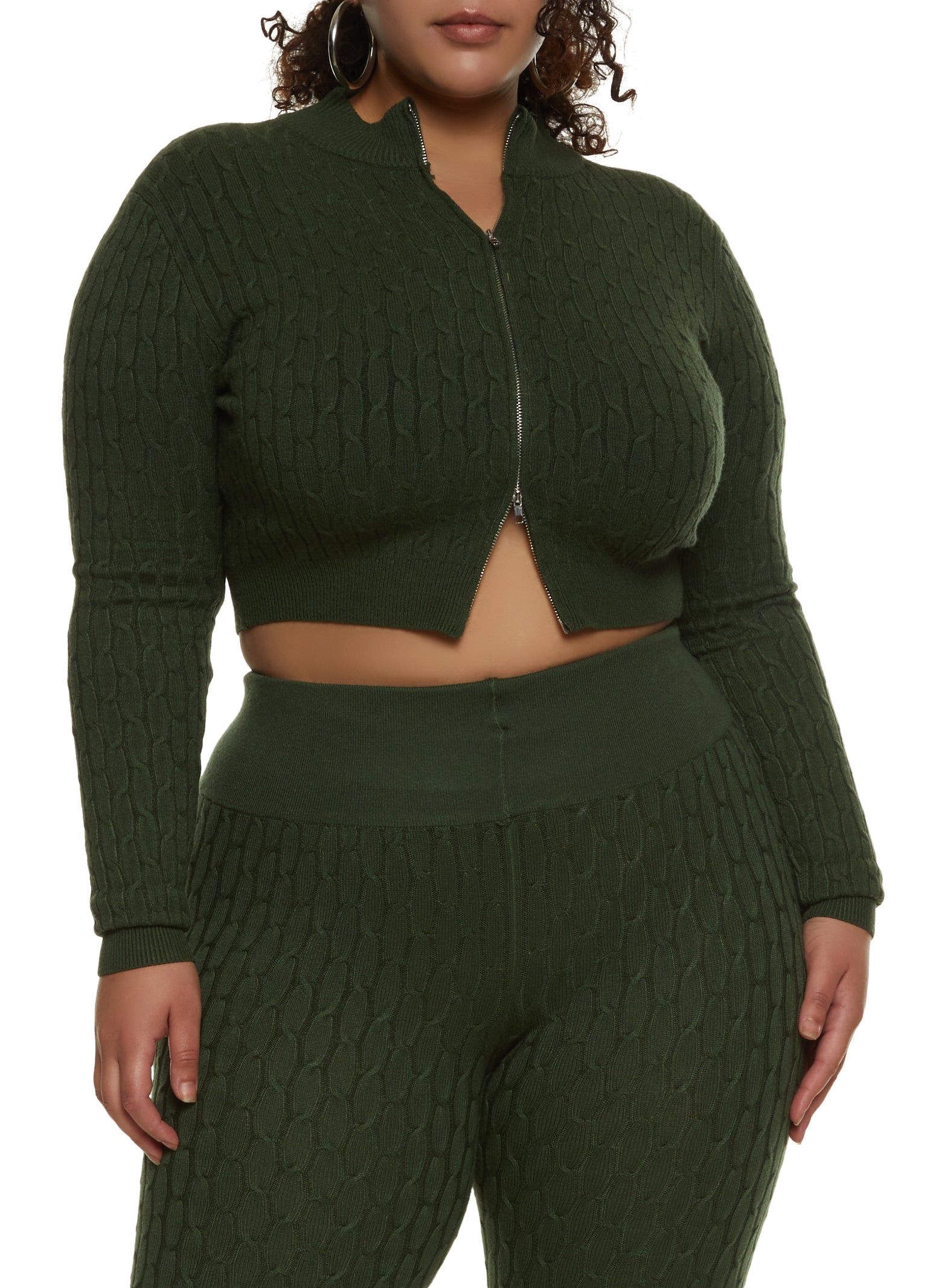 Plus Size Cable Knit Zip Front Cropped Sweater sold by Rainbow