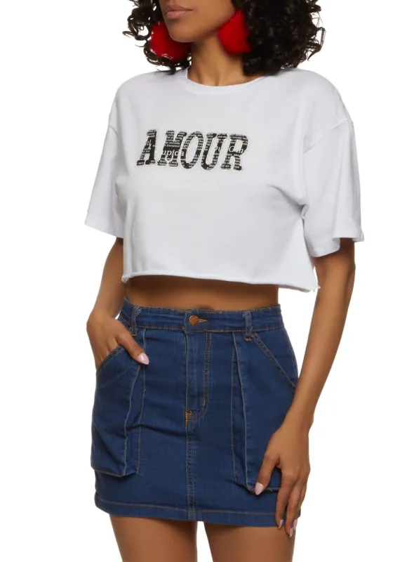 Amour Rhinestone Cropped Graphic Patch Tee sold by Rainbow