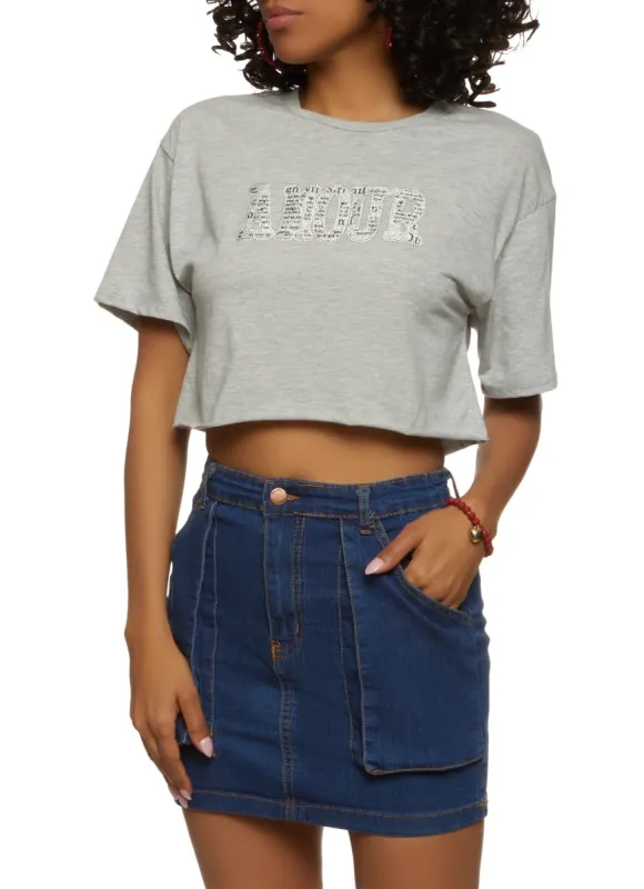 Amour Rhinestone Cropped Graphic Patch Tee sold by Rainbow