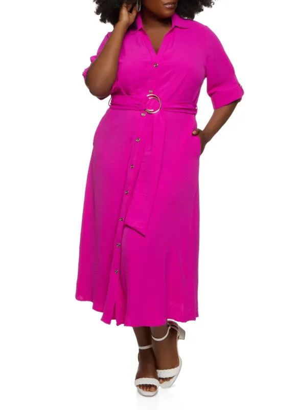 Plus Size Airy Belted Midi Shirt Dress sold by Rainbow