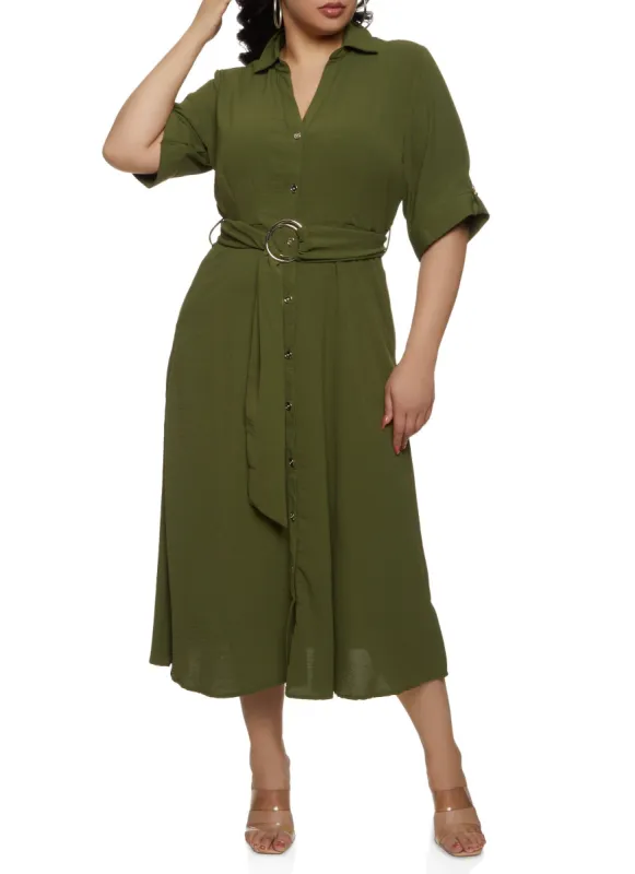 Plus Size Airy Belted Midi Shirt Dress sold by Rainbow
