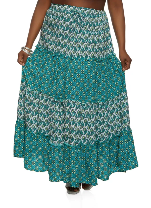 Plus Size Daisy Border Print Tiered Maxi Skirt made by Rainbow