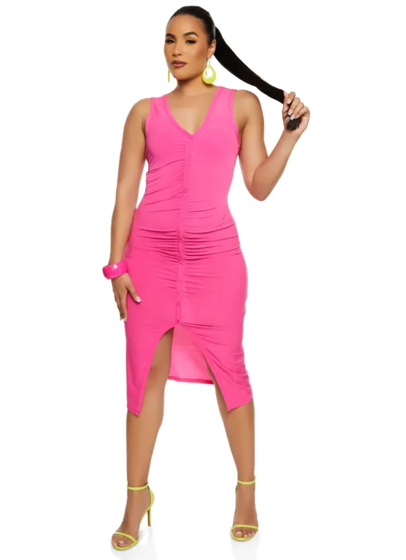 Haute Monde Ruched Button Front Midi Dress sold by Rainbow