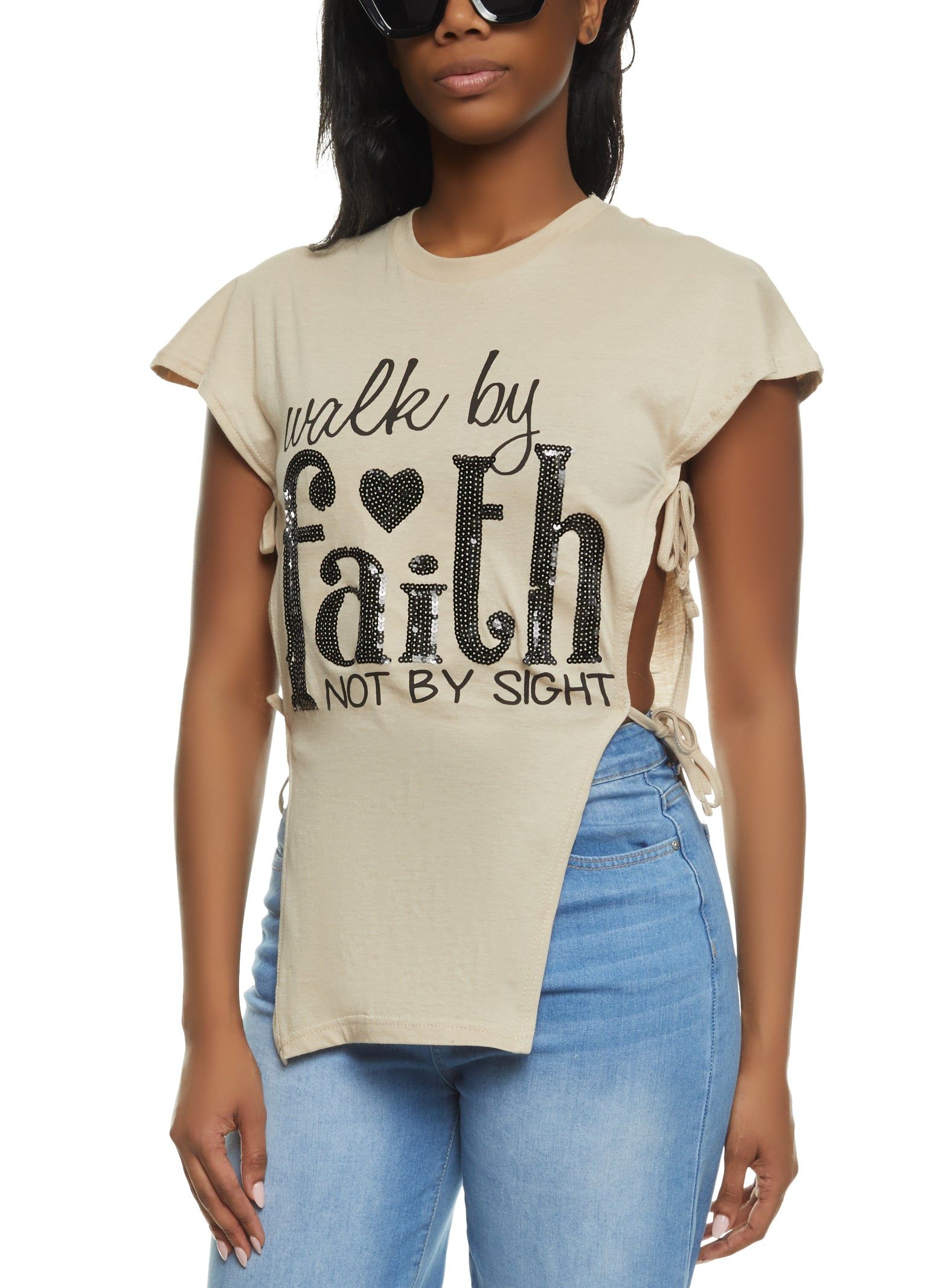 Sequin Walk By Faith Tie Side Graphic Top sold by Rainbow