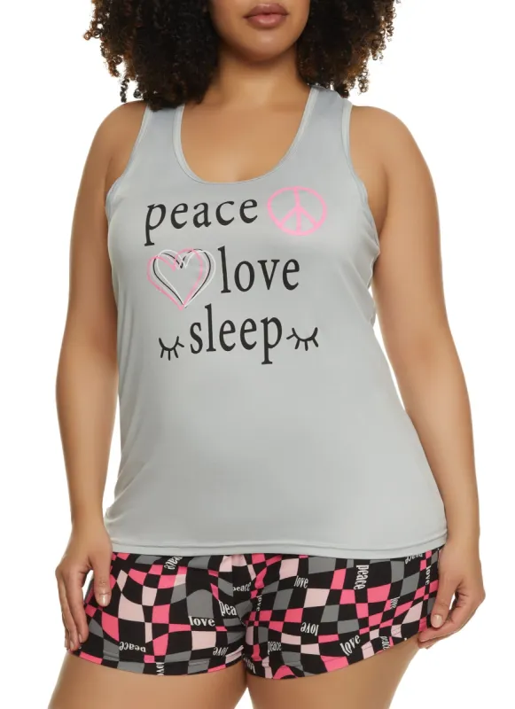 Plus Size Peace Love Sleep Pajama Tank Top and Shorts sold by Rainbow