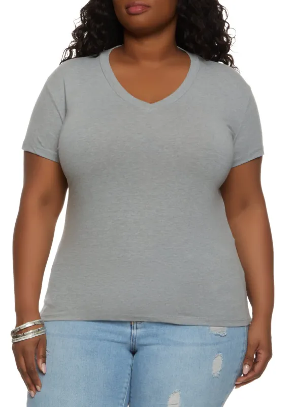 Plus Size Basic V Neck Short Sleeve T Shirt sold by Rainbow