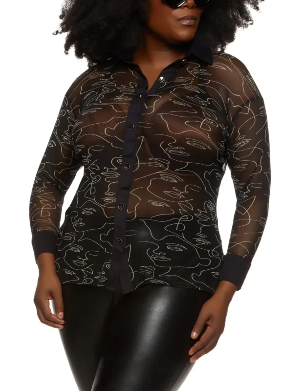 Plus Size Mesh Face Print Button Front Shirt sold by Rainbow