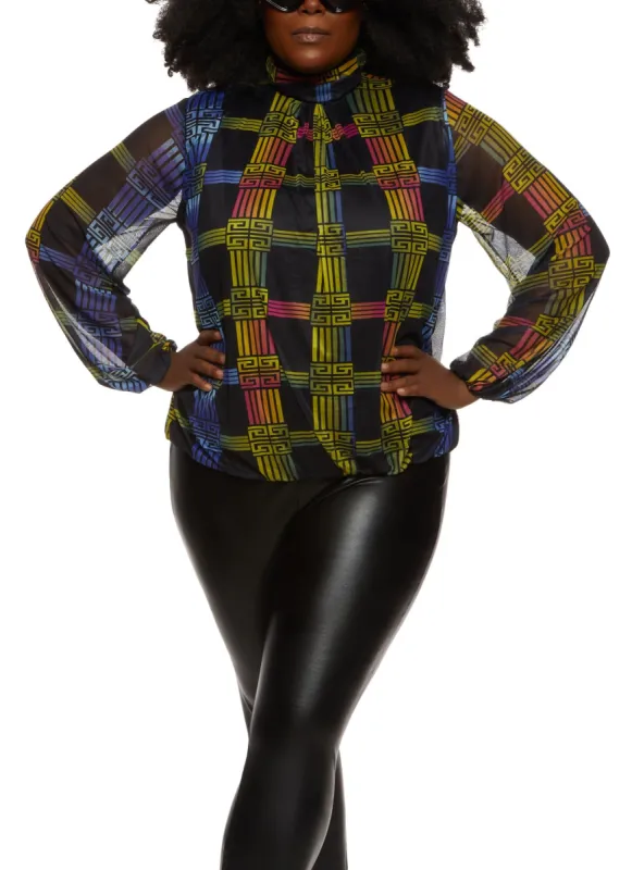 Plus Size Mesh Greek Key Print Mock Neck Blouse sold by Rainbow