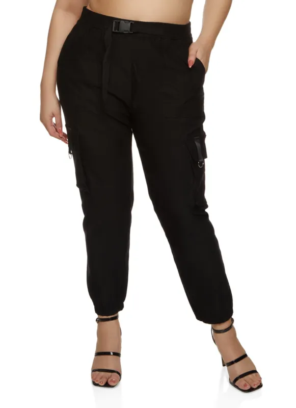 Plus Size Solid Buckle Detail Cargo Joggers sold by Rainbow