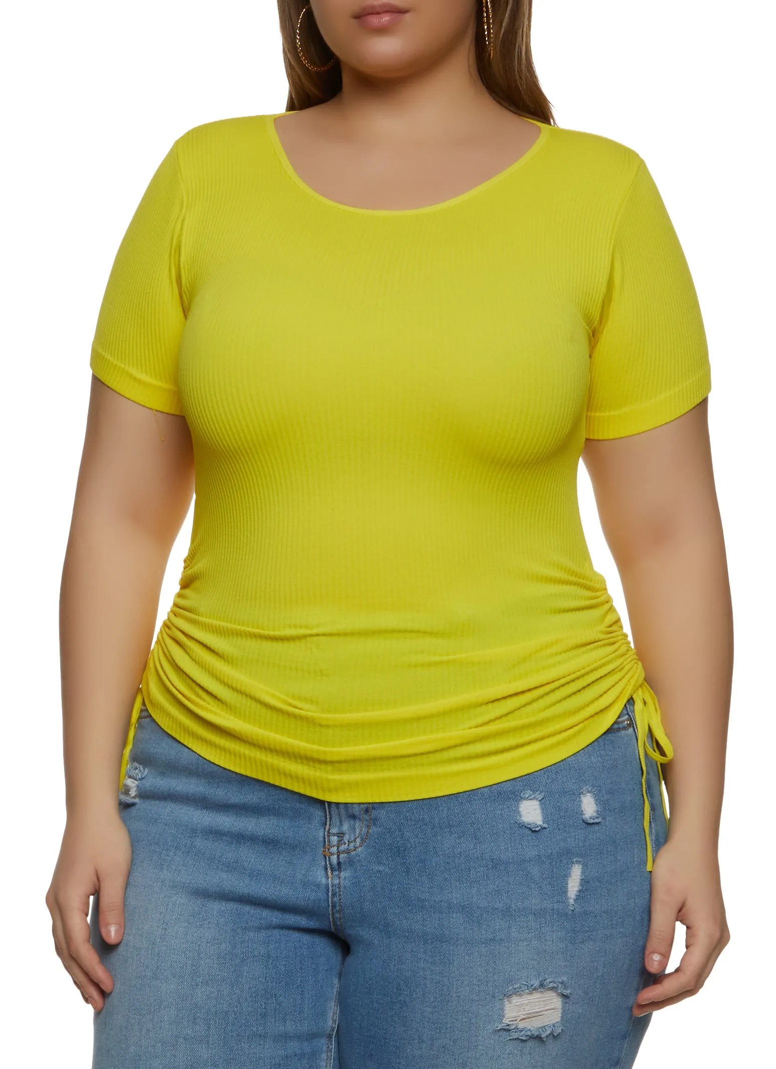 Plus Size Rib Knit Ruched Short Sleeve Top sold by Rainbow