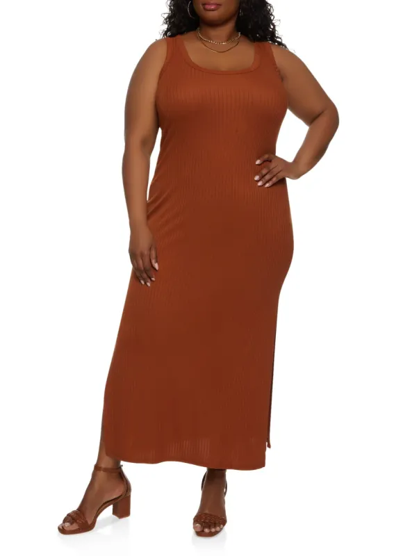 Plus Size Ribbed Side Slit Maxi Tank Dress sold by Rainbow