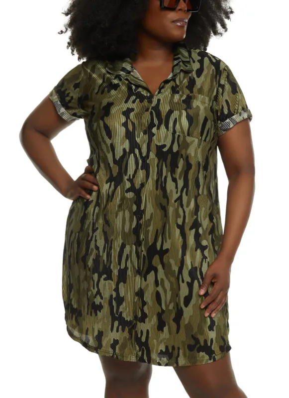 Plus Size Plisse Camo Button Front Shirt Dress sold by Rainbow