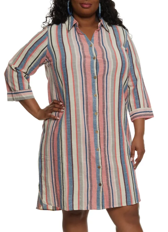 Plus Size Linen Striped Button Front Shirt Dress sold by Rainbow