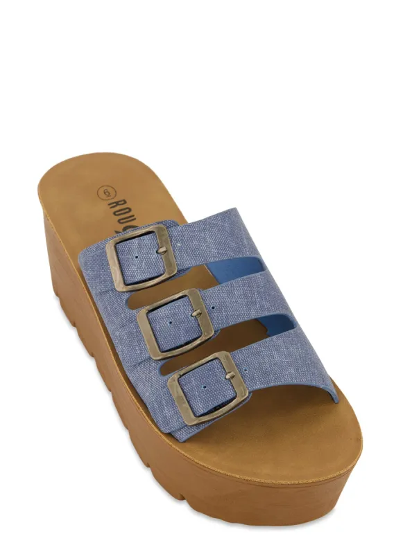 Buckle Detail Wedge Mules sold by Rainbow