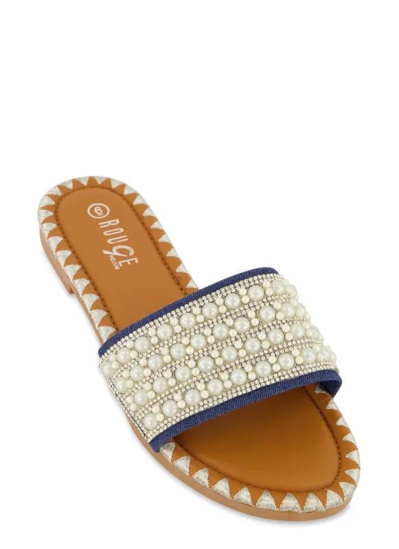 Faux Pearl Rhinestone Band Slide Sandals sold by Rainbow