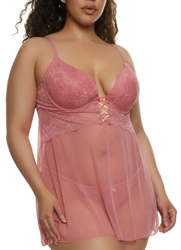 Plus Size Lace Up Babydoll and G String sold by Rainbow