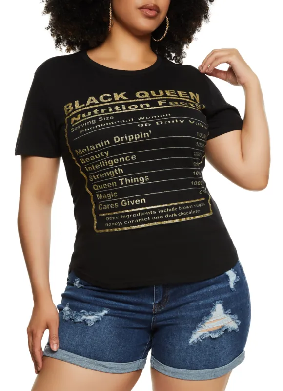 Plus Size Black Queen Nutrition Facts Glitter Graphic T Shirt sold by Rainbow