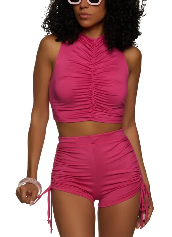 Solid Ruched High Neck Tank Top sold by Rainbow