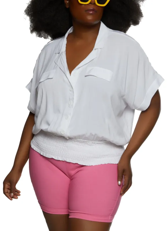 Plus Size Smocked Waist Button Front Blouse sold by Rainbow