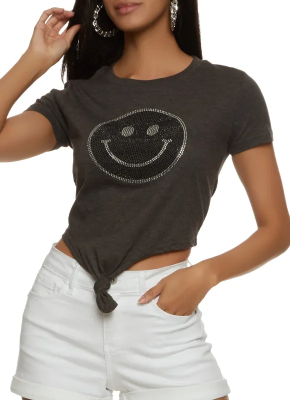 Rhinestone Smiley Knot Front Tee sold by Rainbow