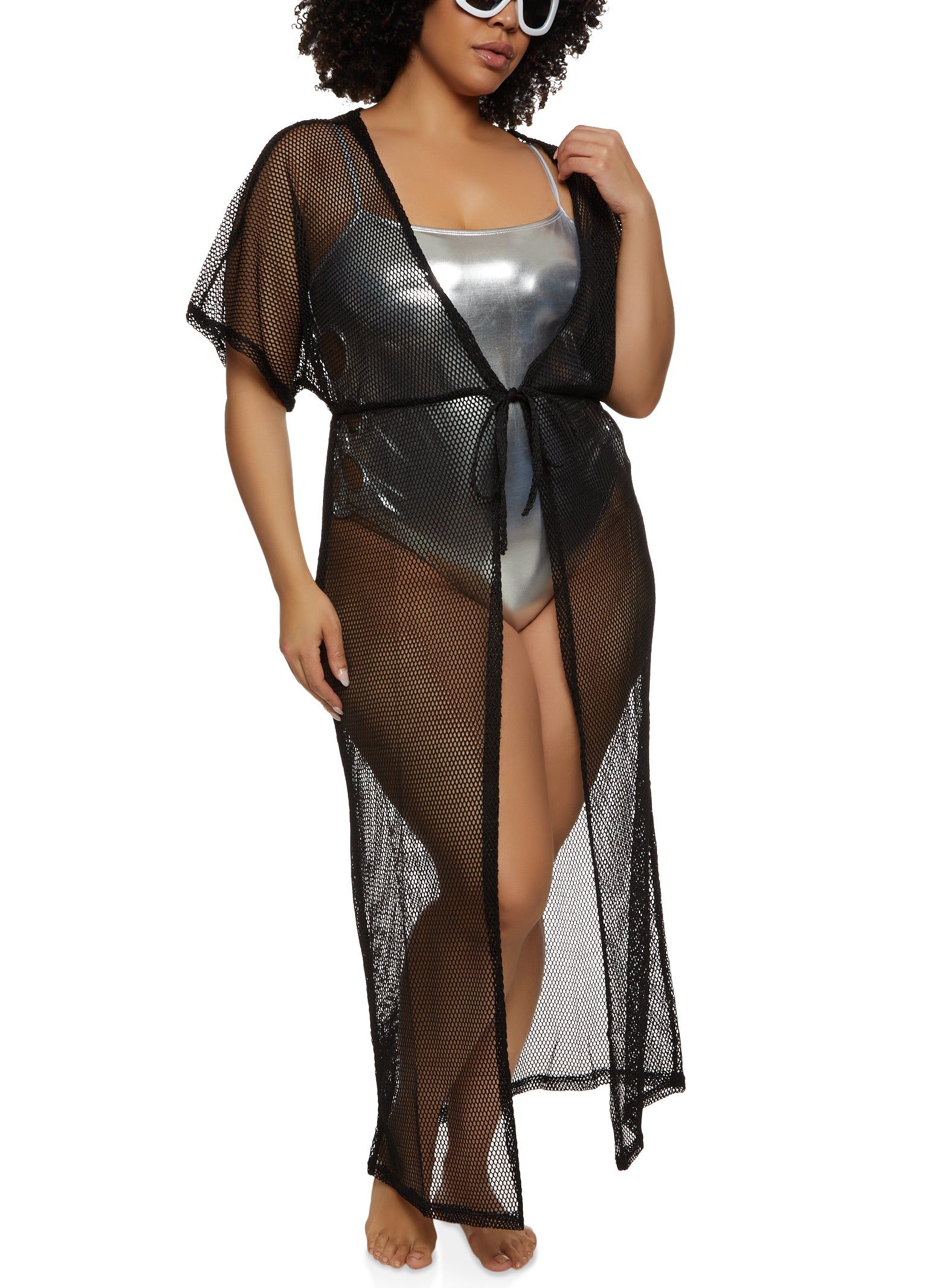Plus Size Fishnet Tie Waist Cover Up Kimono sold by Rainbow