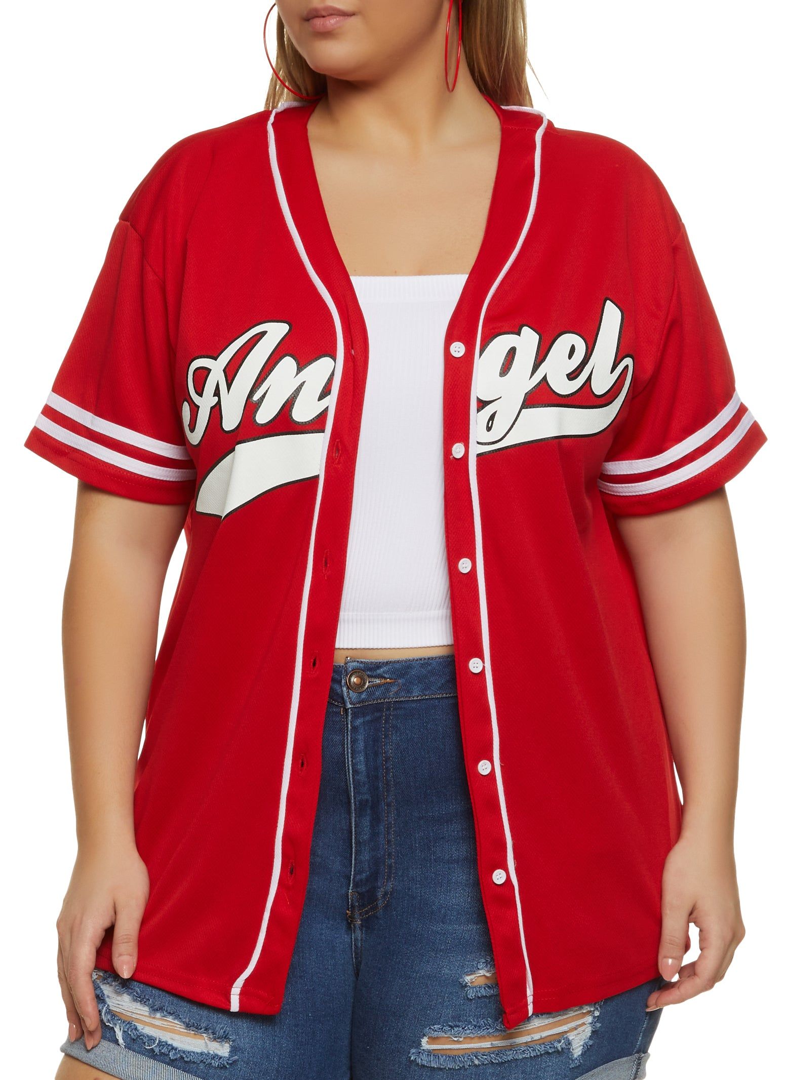 Plus Size Angel Button Front Mesh Baseball Tee sold by Rainbow