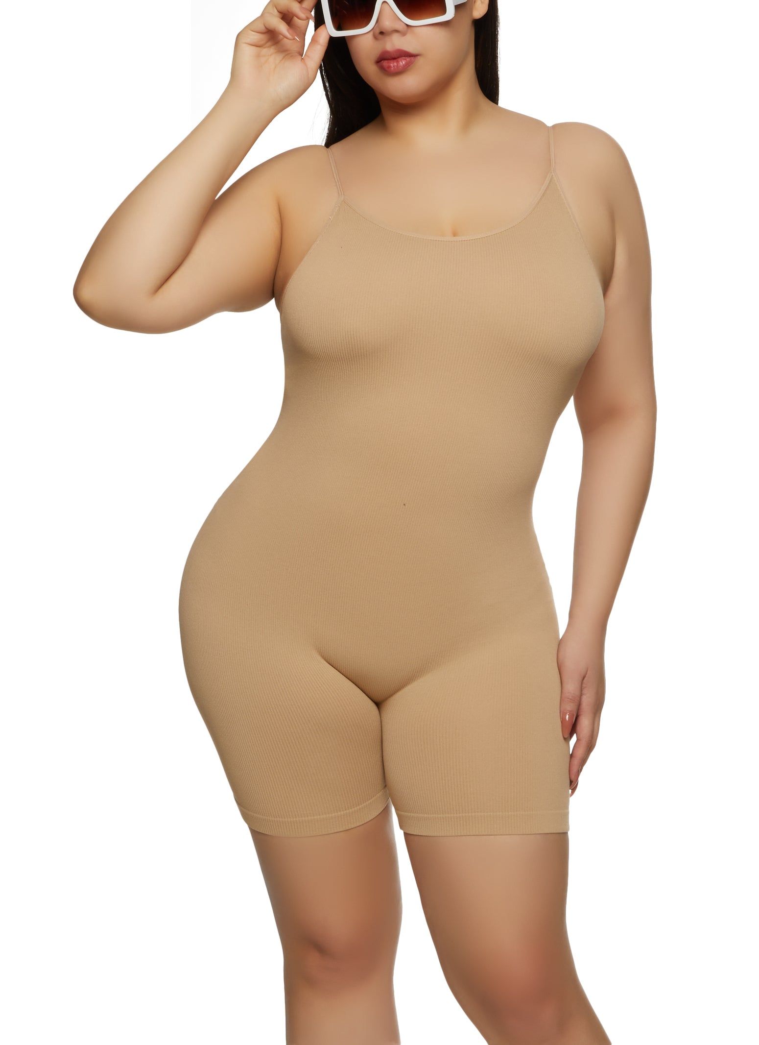 Plus Size Seamless Ribbed Cami Romper sold by Rainbow